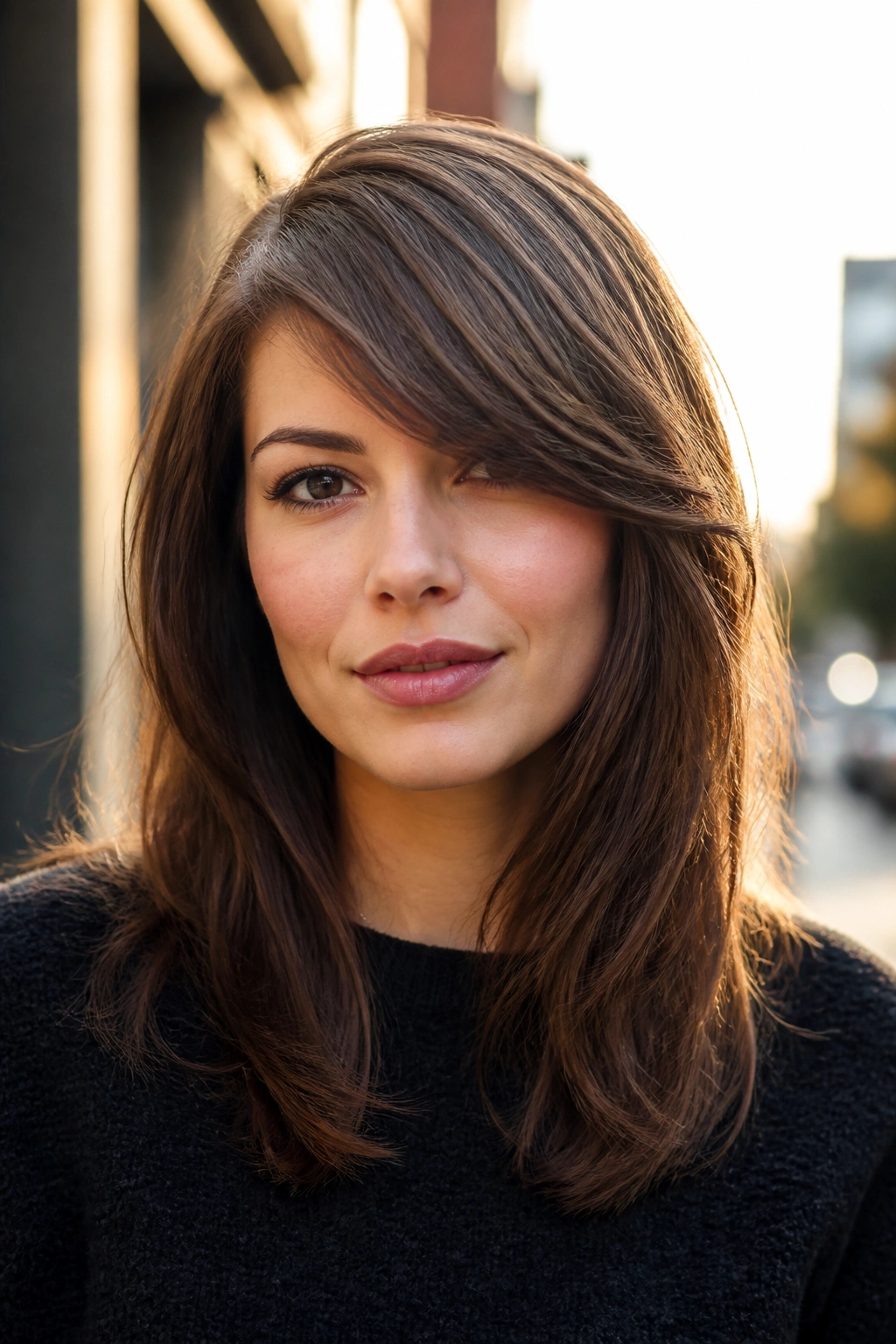 Close-up portrait of a real woman with deep side-swept fringe in outdoor morning light