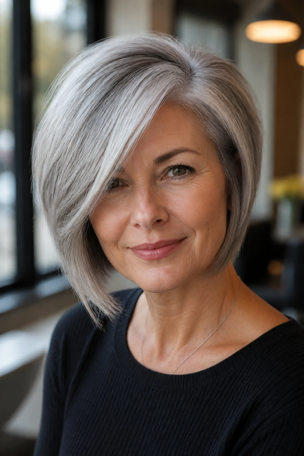 Portrait of a real woman with a deep side-swept grey bob and crown volume