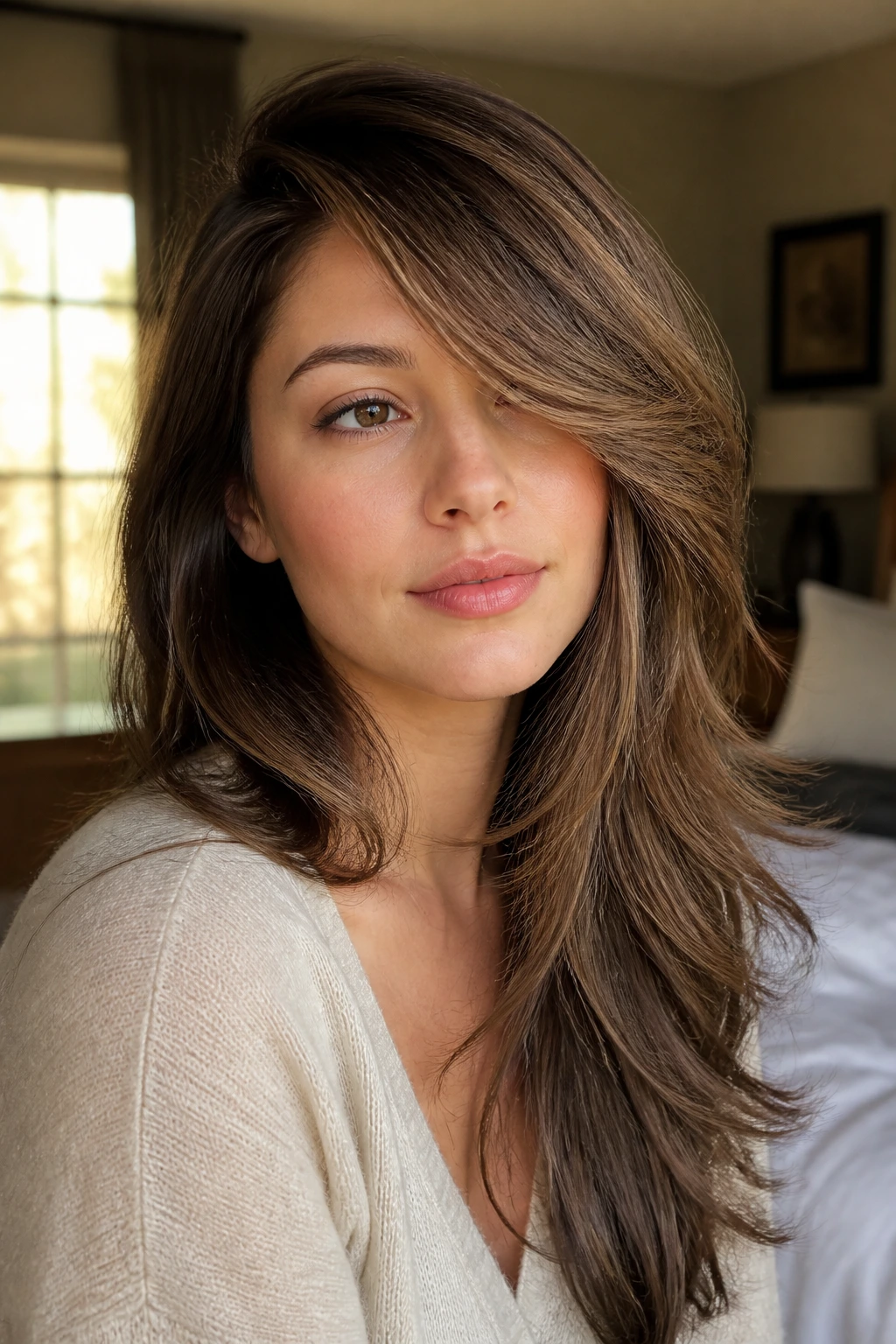 Close-up portrait of a real woman with deep side-swept layers framing her face.