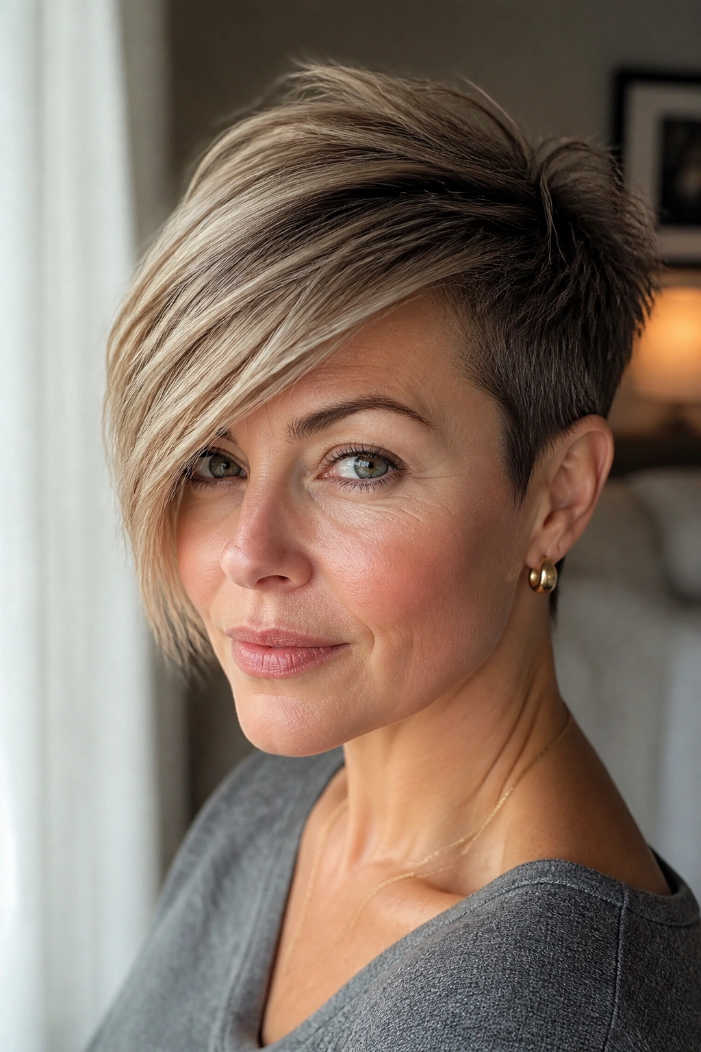 Close-up portrait of a real woman showing a deep side-swept asymmetrical pixie for fine hair with a long front piece grazing the eyebrow.