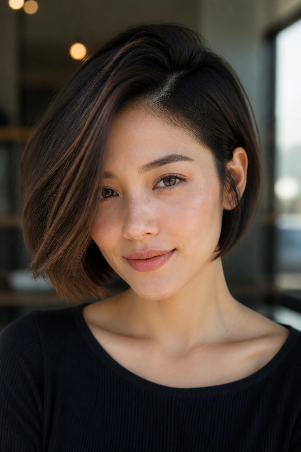 Real woman with a deep side-part bob showing diagonal part and lift.