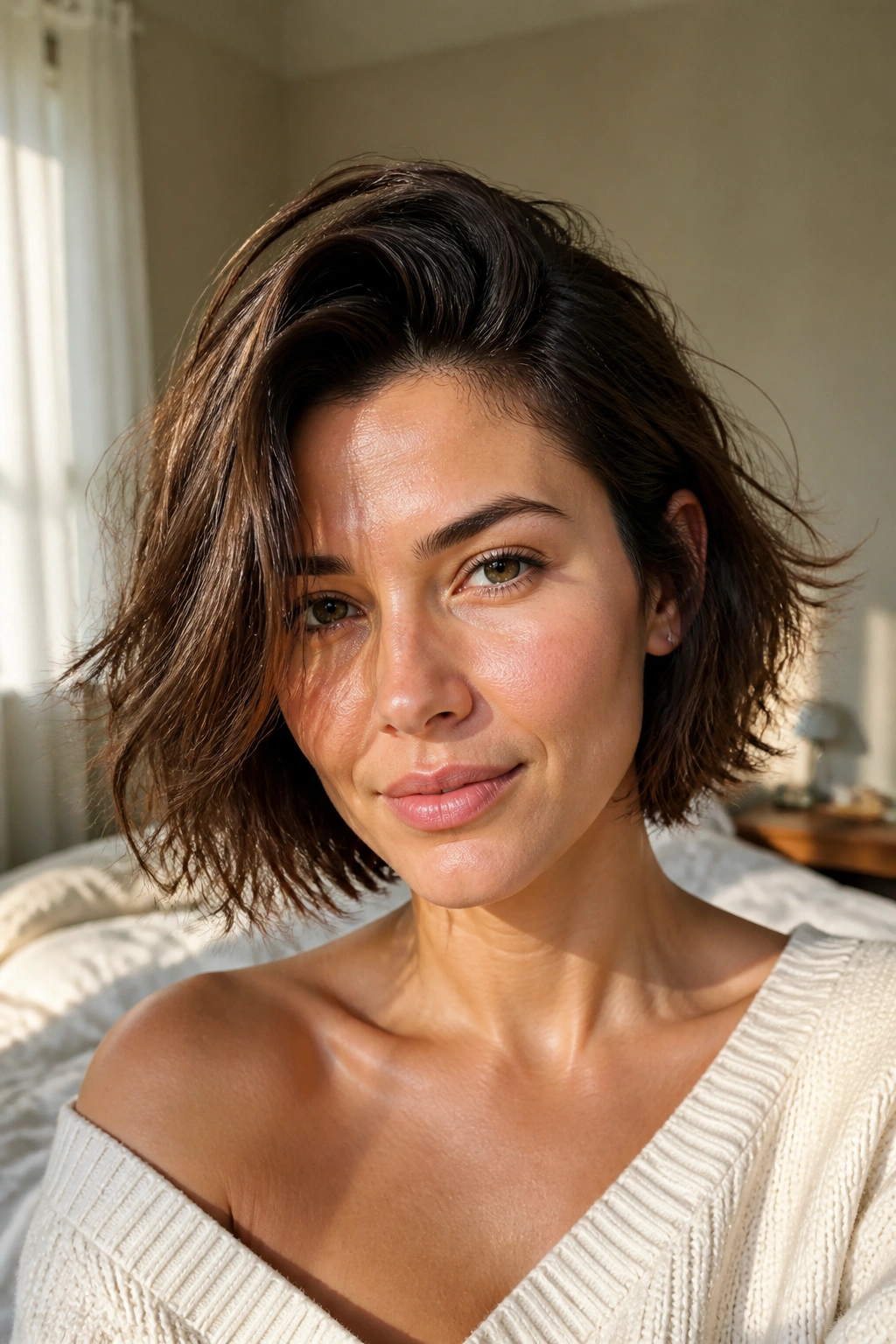 Close-up of a real woman with a deep side-parted tousled bob just below the jaw in soft morning light