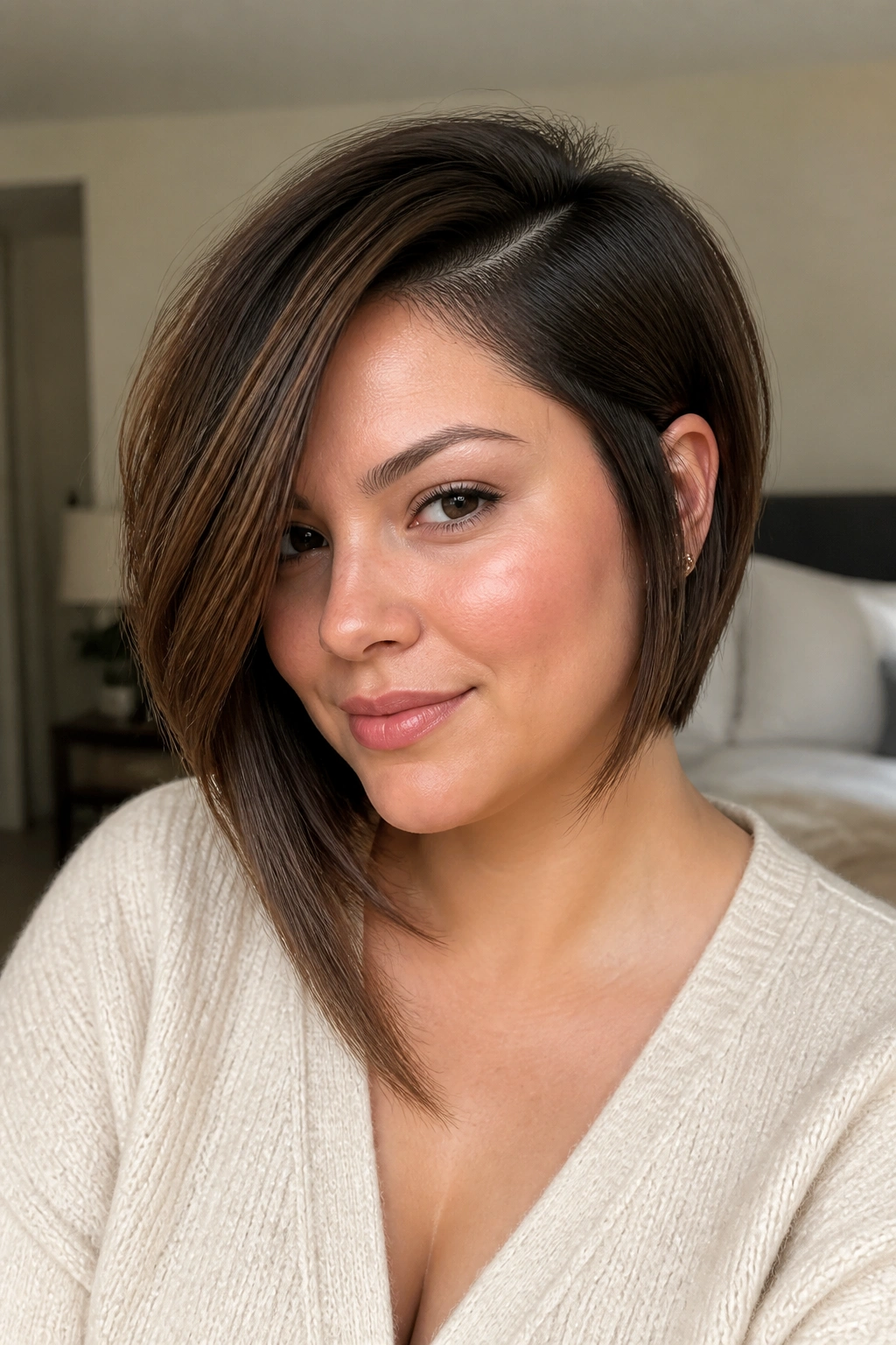 Close-up of a real woman wearing a deep side-part asymmetrical bob that flatters a round face