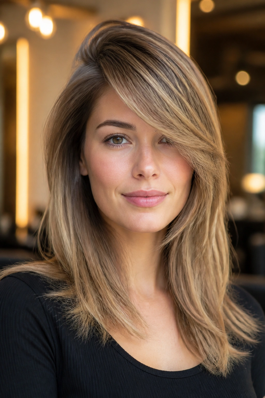 Portrait of a real woman with a high crown fringe in a modern salon.