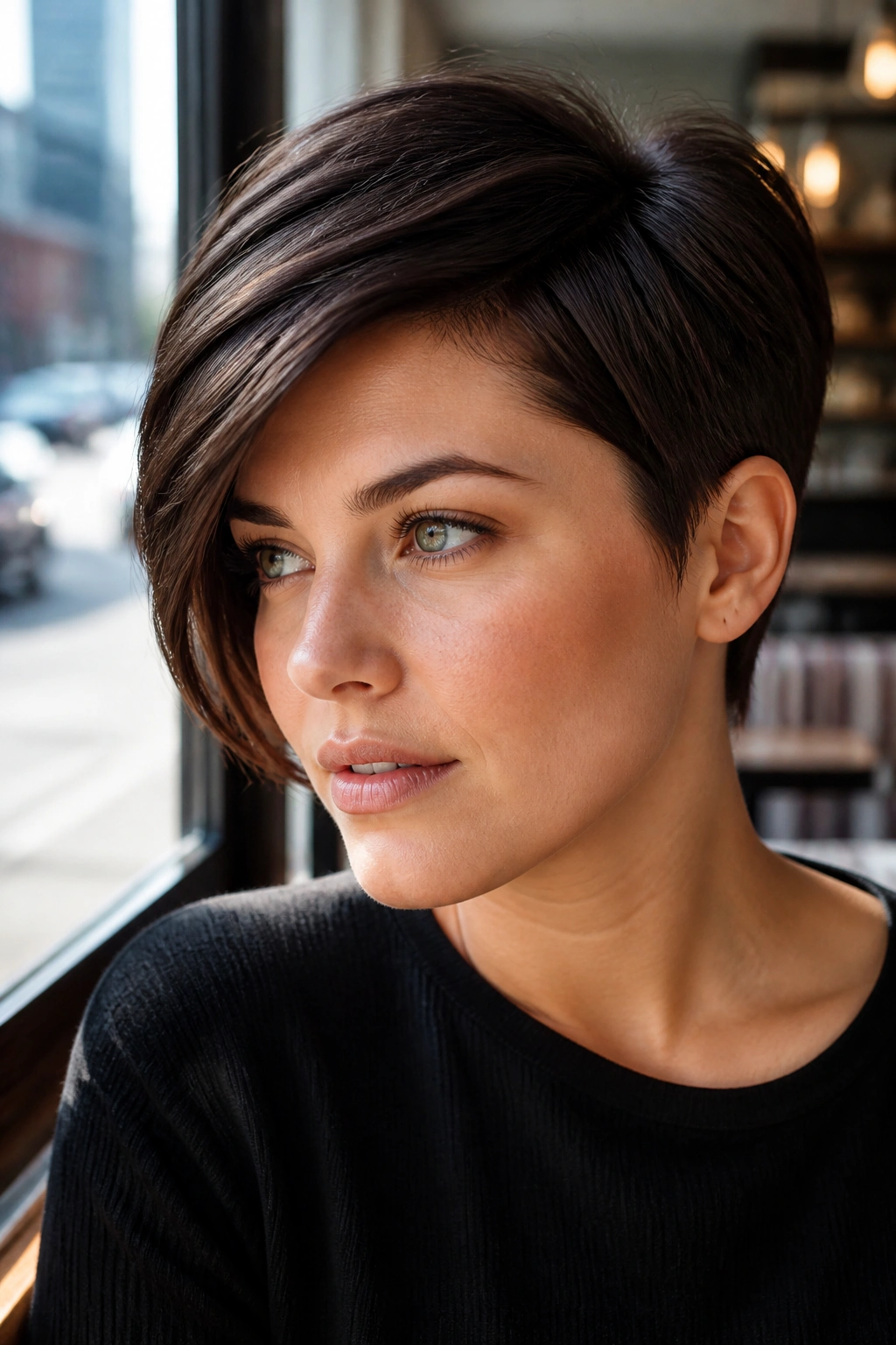 Close-up of a real woman with a deep side-part pixie.
