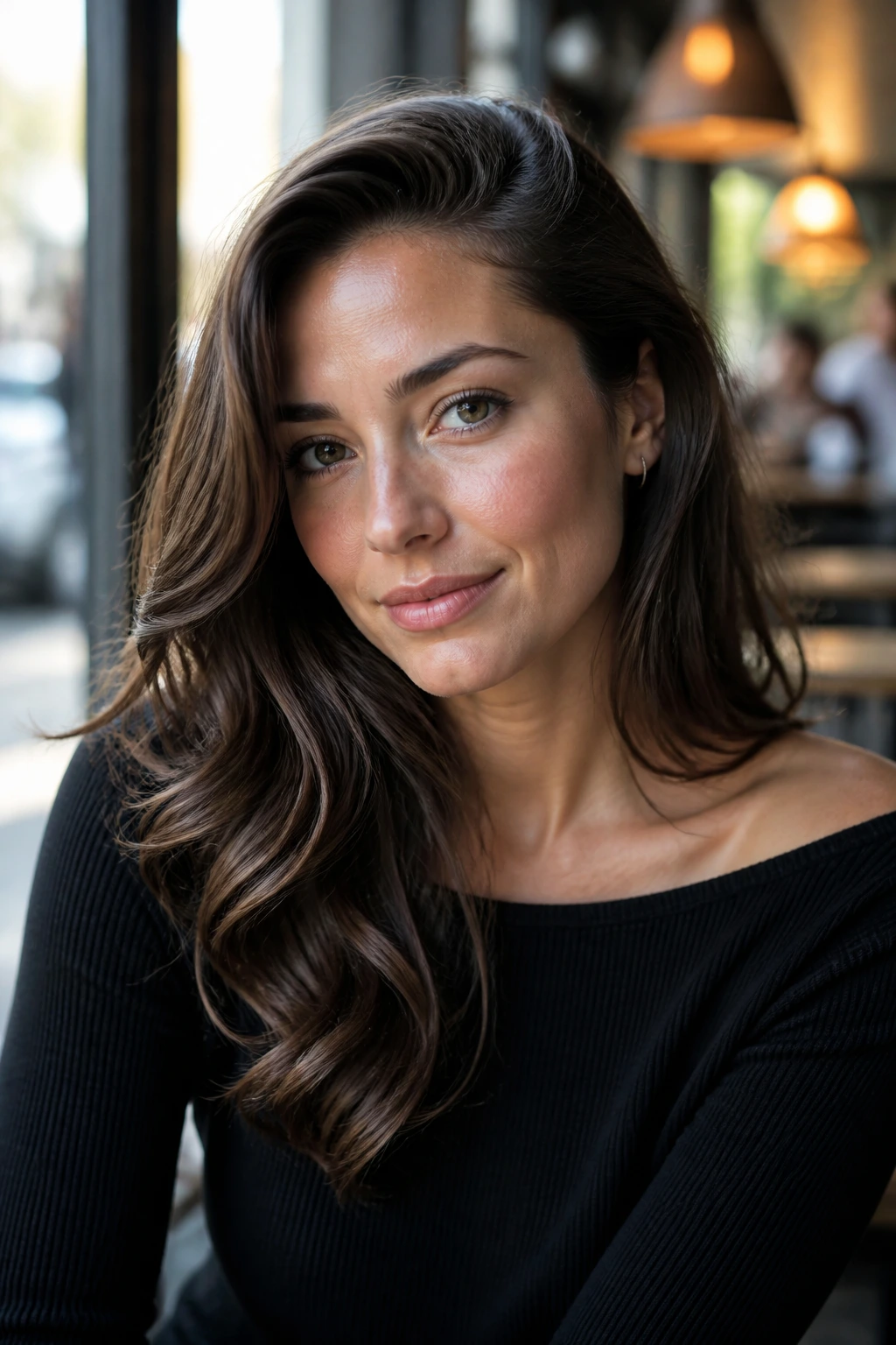 Close-up of deep side-part waves with crown volume on a real woman by a window.