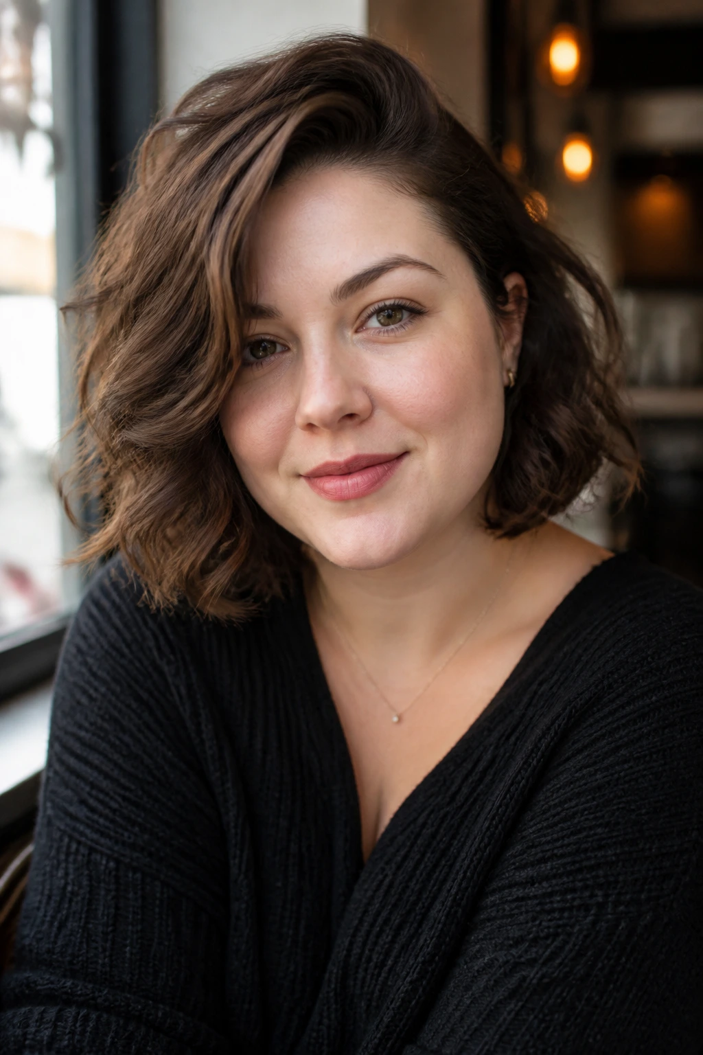 Real woman with deep side-part medium wavy bob at cafe window