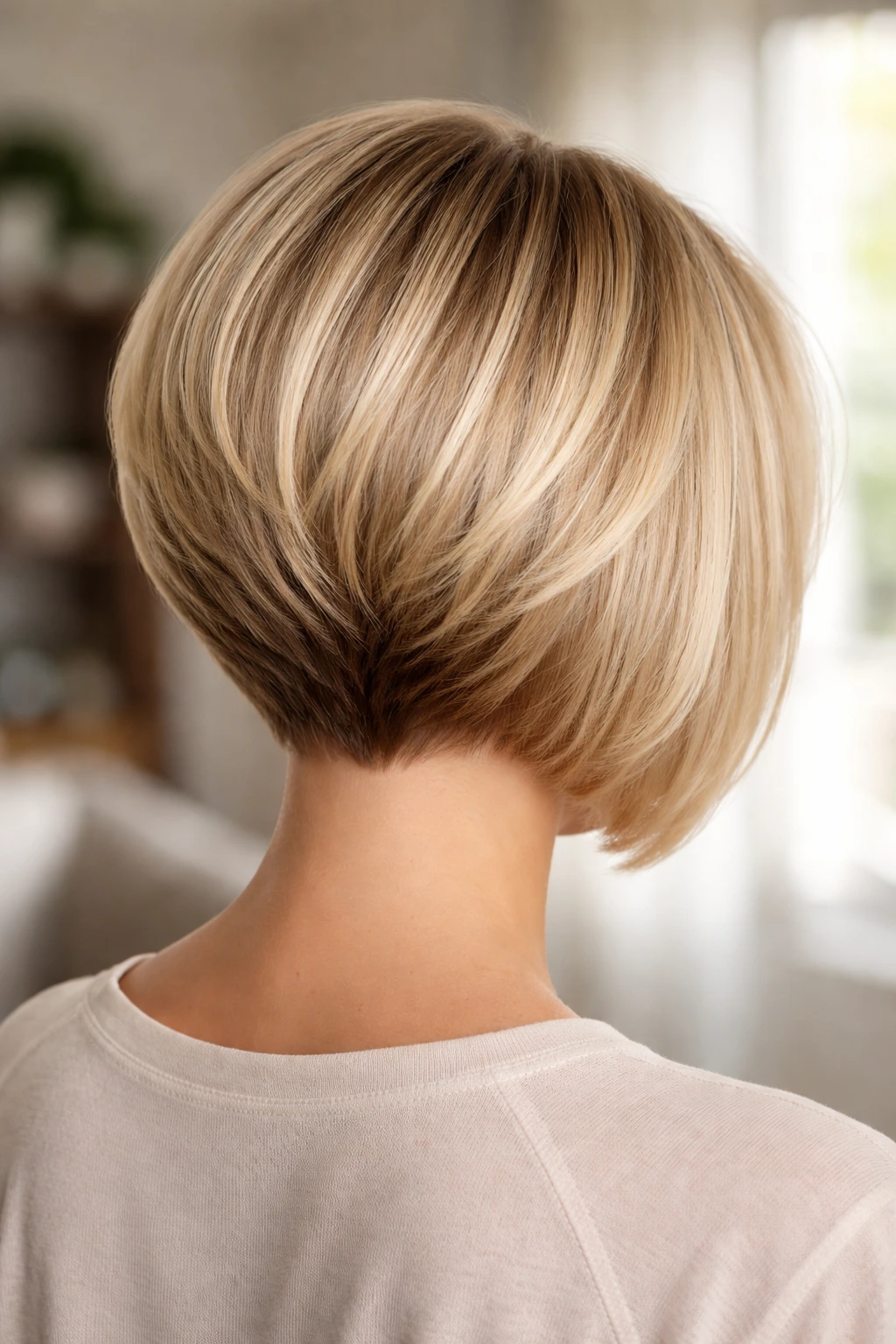 Rear view of real woman's inverted bob with deep stacked back