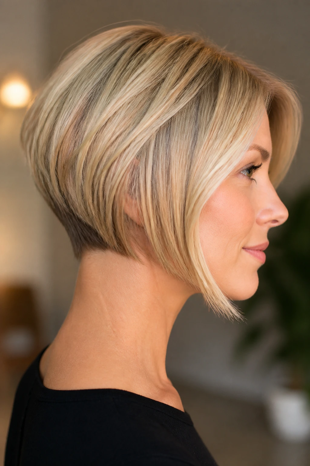 Profile portrait of a woman with a deep taper bob and soft side length