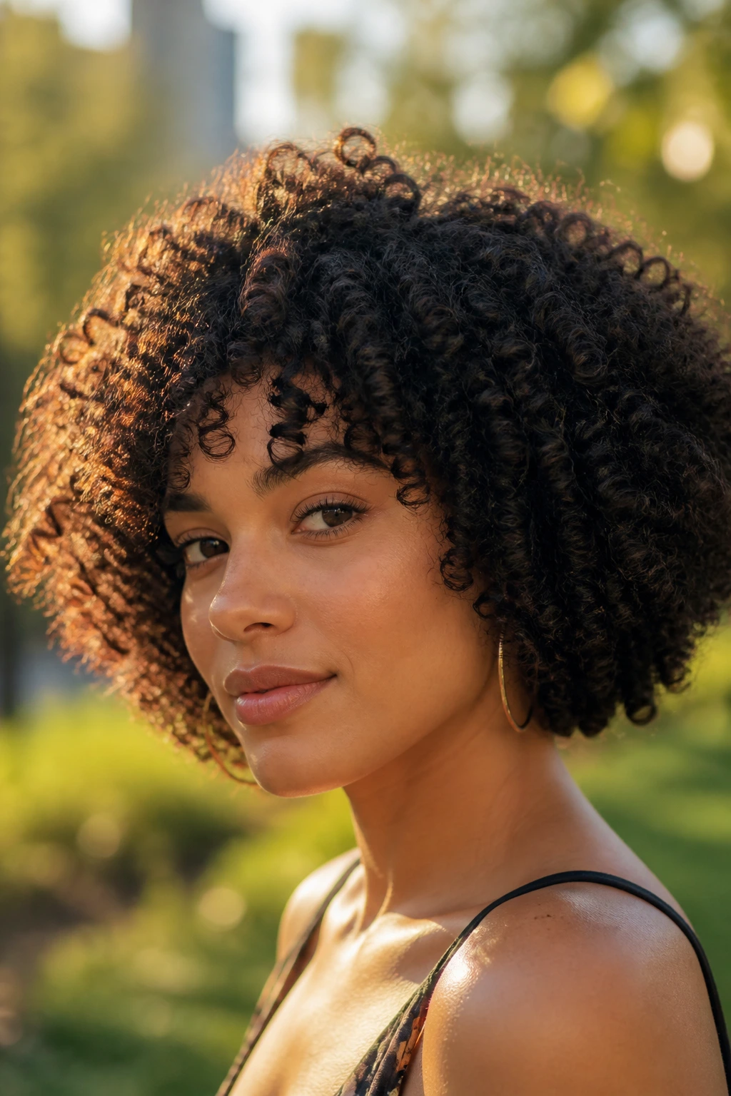 Close-up of a real woman with deep-texture curls forming a spherical curly bob