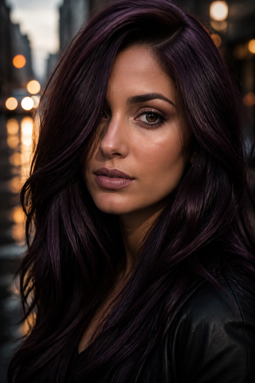 Portrait of a person with deep violet brown hair on an urban street at dusk