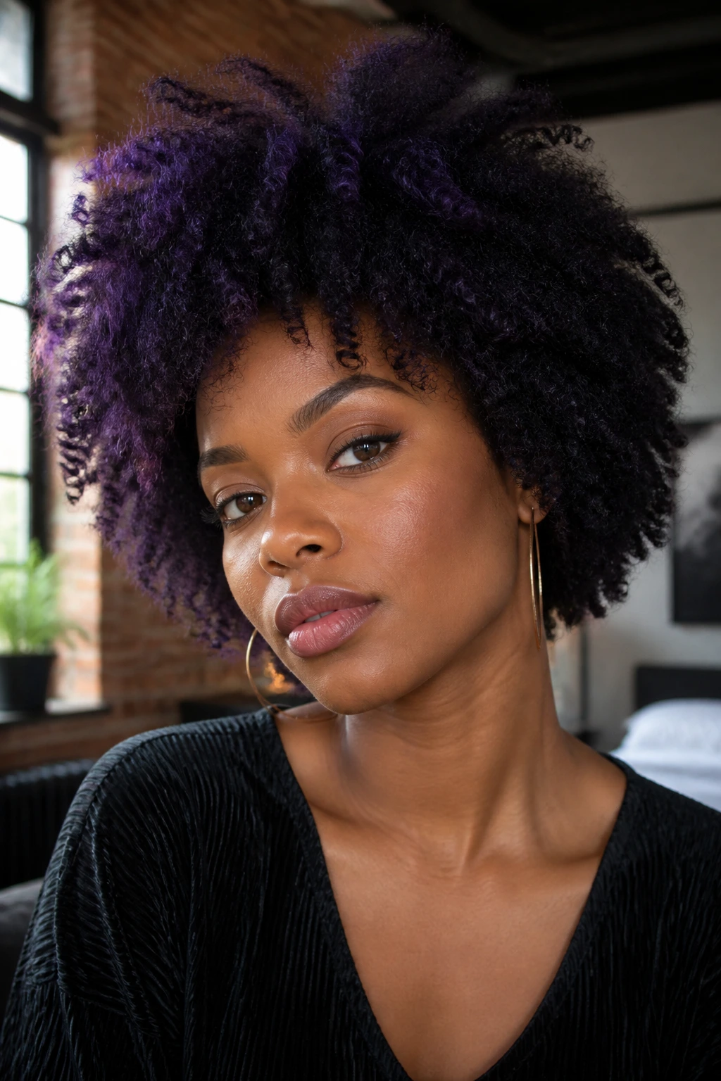 Portrait of a person with deep violet hair that shifts to purple in sunlight.
