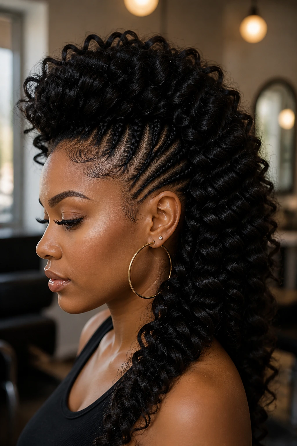 Real person with deep wave crochet mohawk in a salon