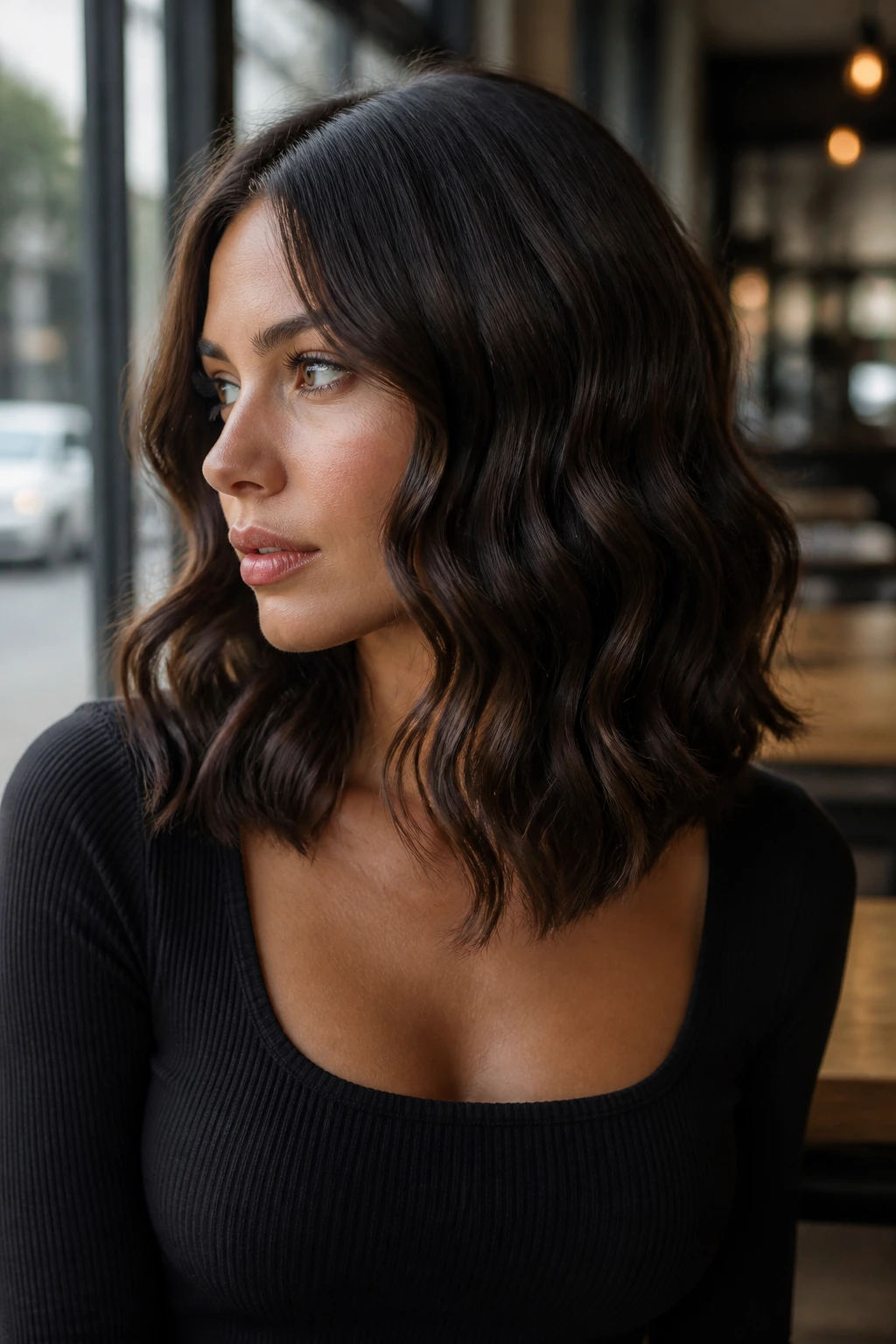 Real woman with a deep wave lob and middle part