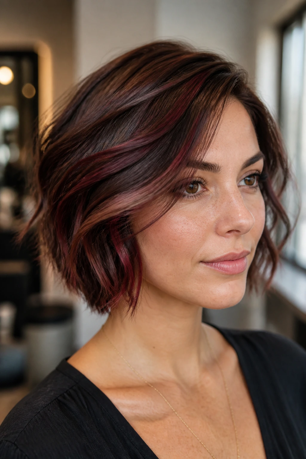 Close-up of brunette bob with deep wine babylights around crown.
