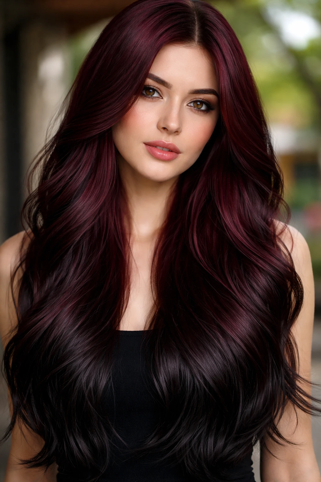 Real woman with deep wine to black ombre hair, close-up portrait
