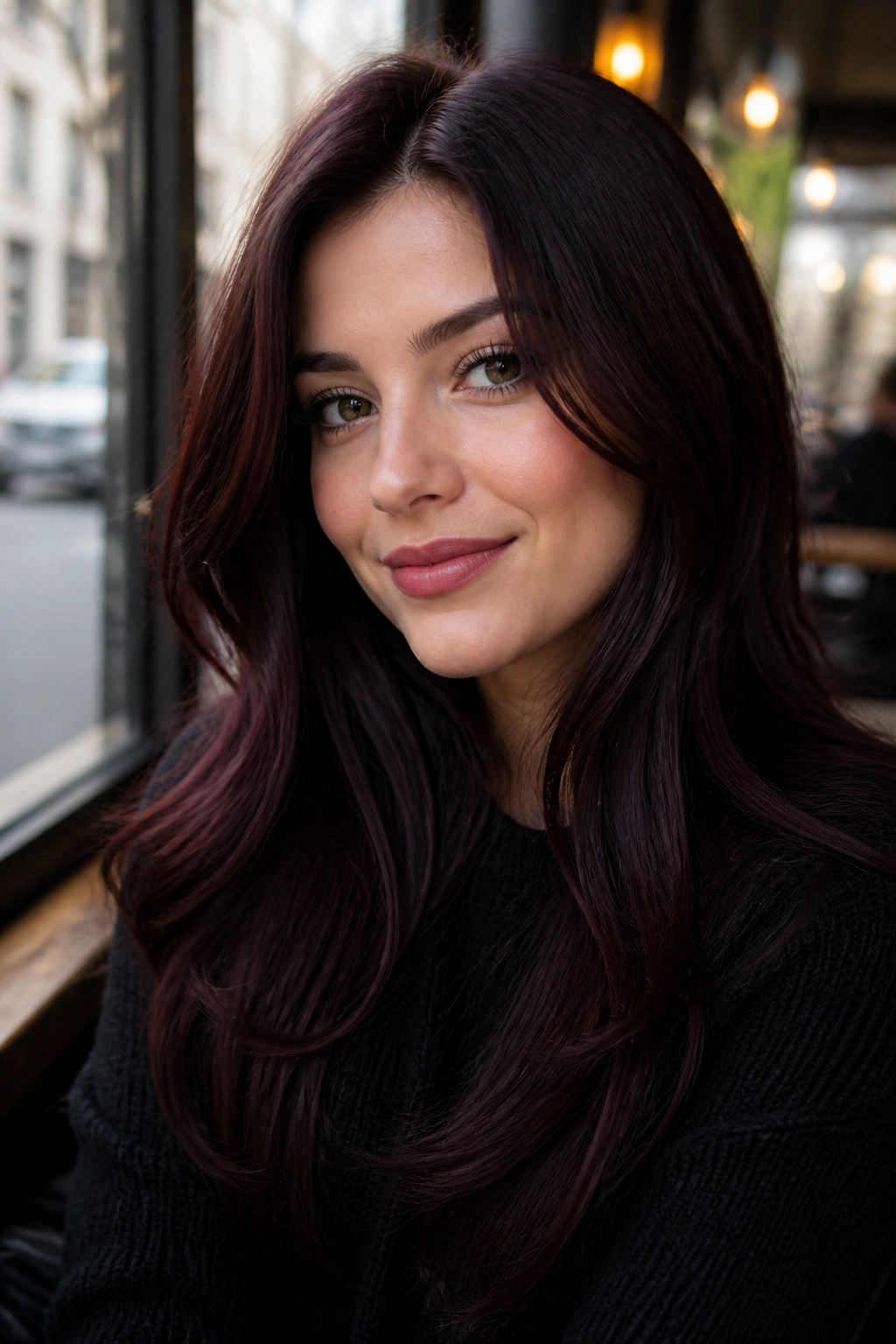 Real person with deep wine brunette hair and wine-red reflections