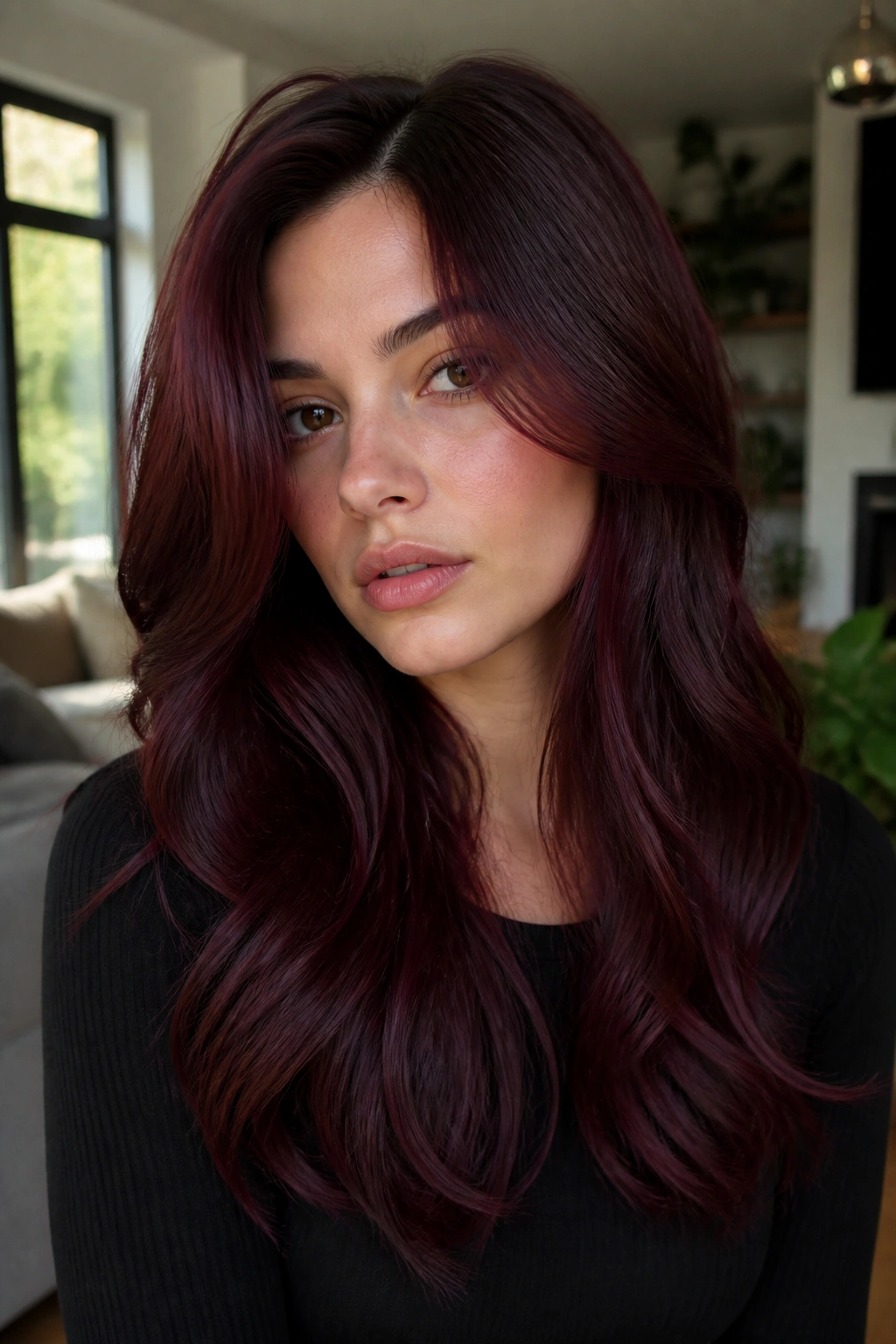 Close-up portrait of a woman with deep wine burgundy mahogany hair, glossy merlot tones