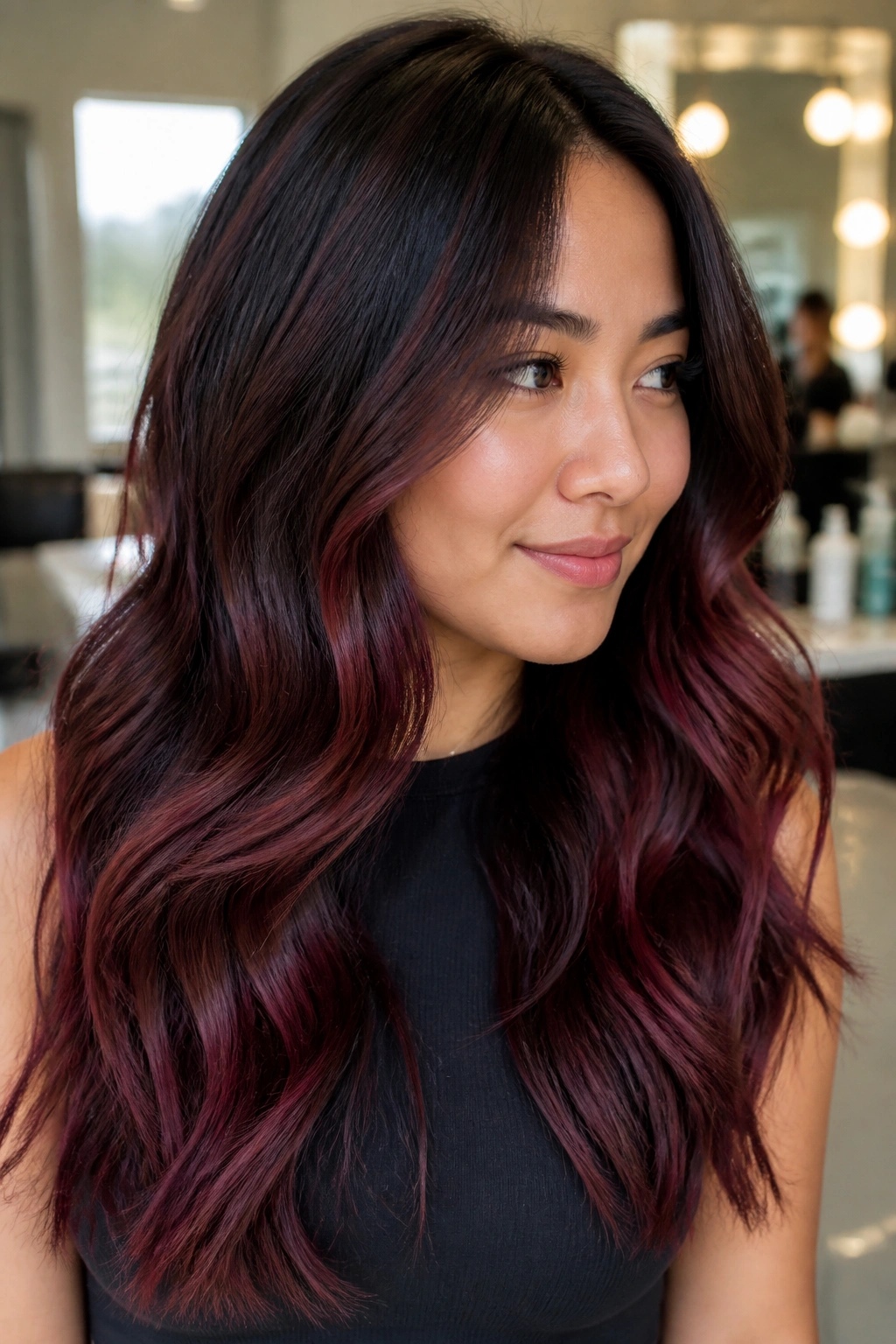 Close-up of deep wine mahogany balayage on real hair with mid-length to ends.