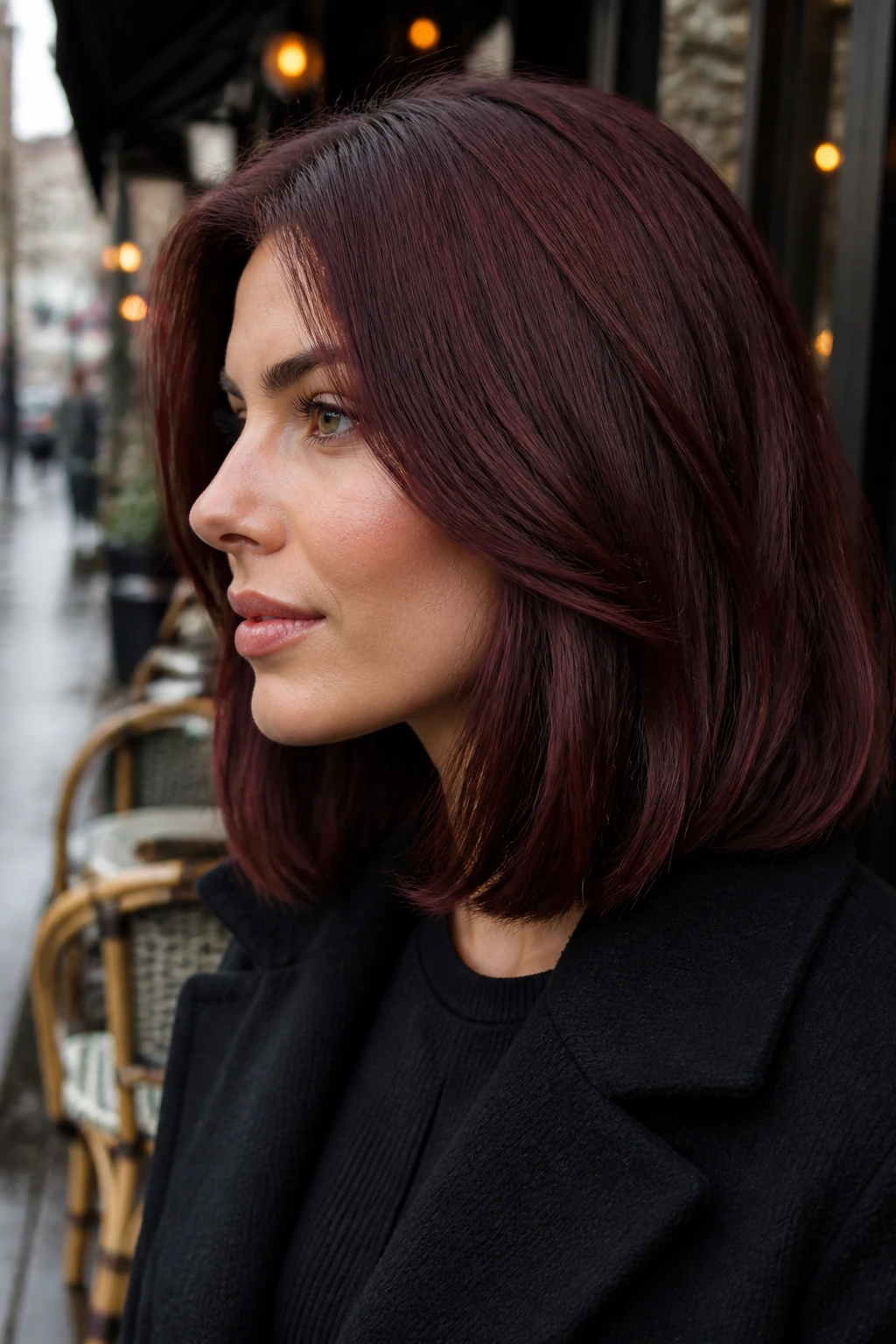 Portrait of a person with Deep Wine Mahogany Lob hair