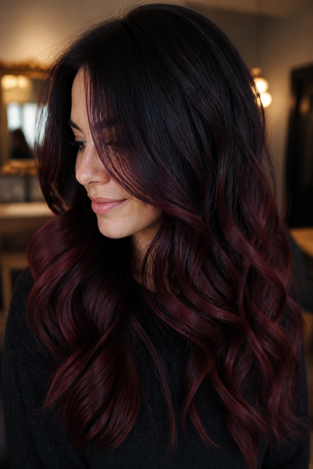 Close-up of a real person with espresso brown hair showing a deep wine melt with soft waves in warm light