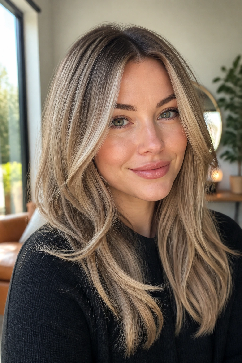 Close-up portrait of a real woman with deeper base champagne blonde