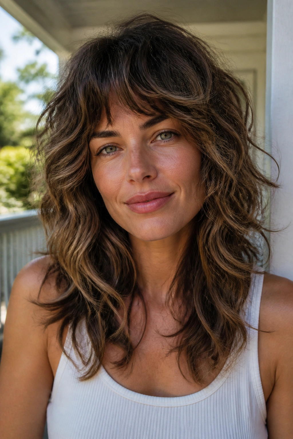 Close-up of a real person with deeply layered shag designed for frizz-prone waves.