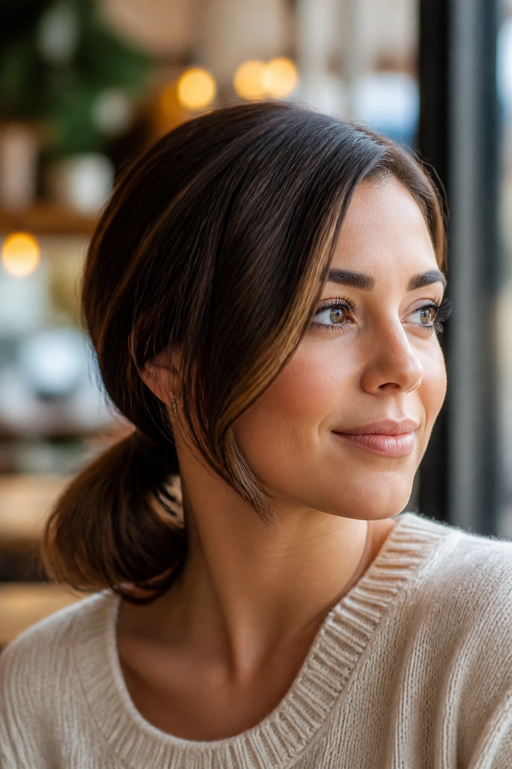 Close-up of a real woman with a deep-side part and low ponytail at the nape.