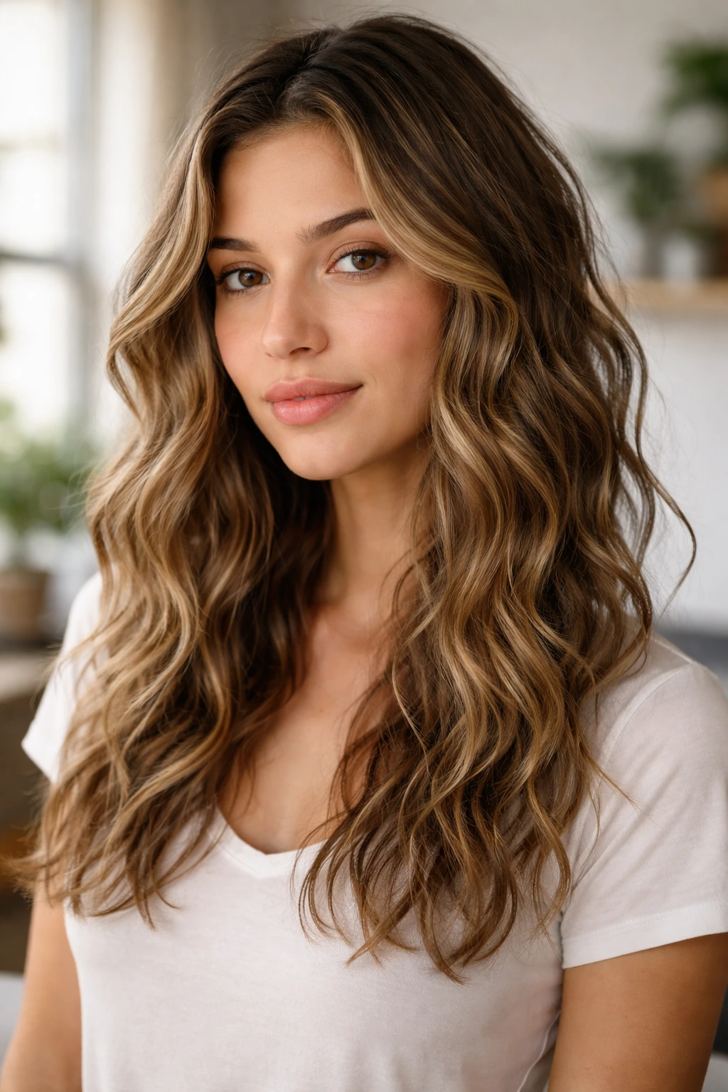 Real woman with defined air-dried waves and minimal finish