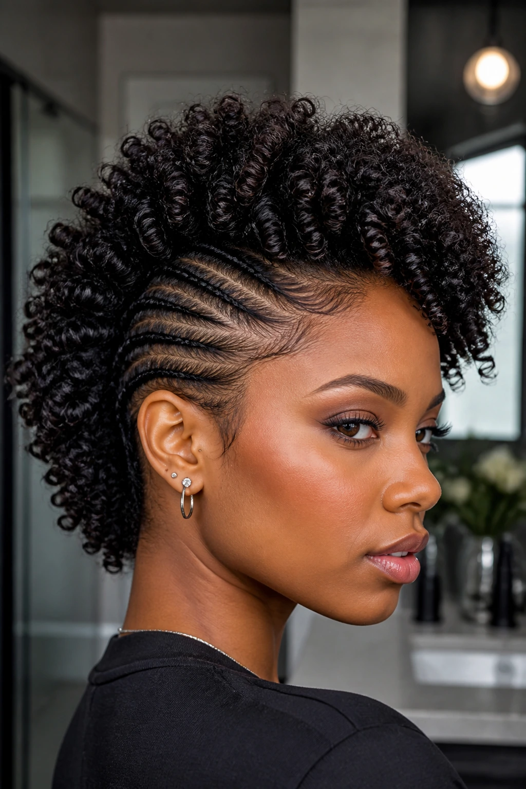 Close-up of a real person with defined coil frohawk