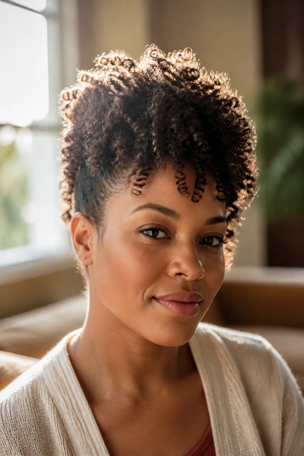 Close-up portrait of a real woman with defined coils and a lifted crown, bathed in natural window light.