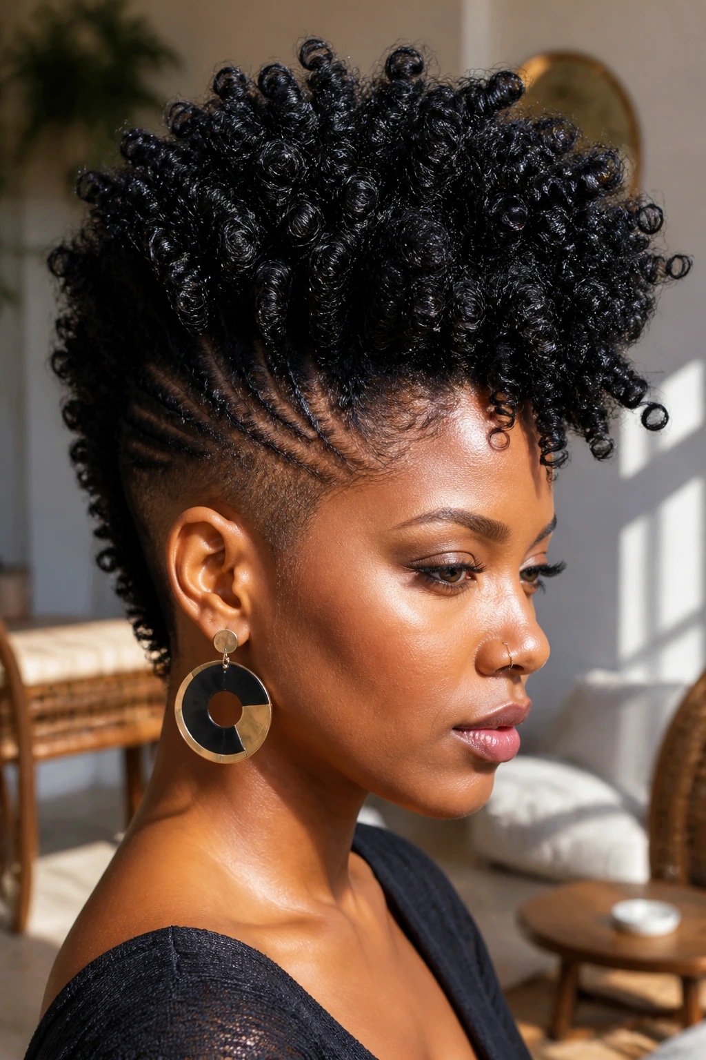 Close-up of a real woman with a defined coil mohawk in soft natural light