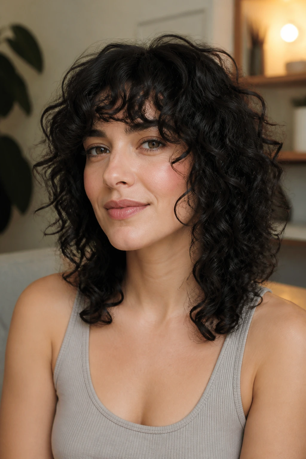Close-up of a real woman with defined curls around chin and below.