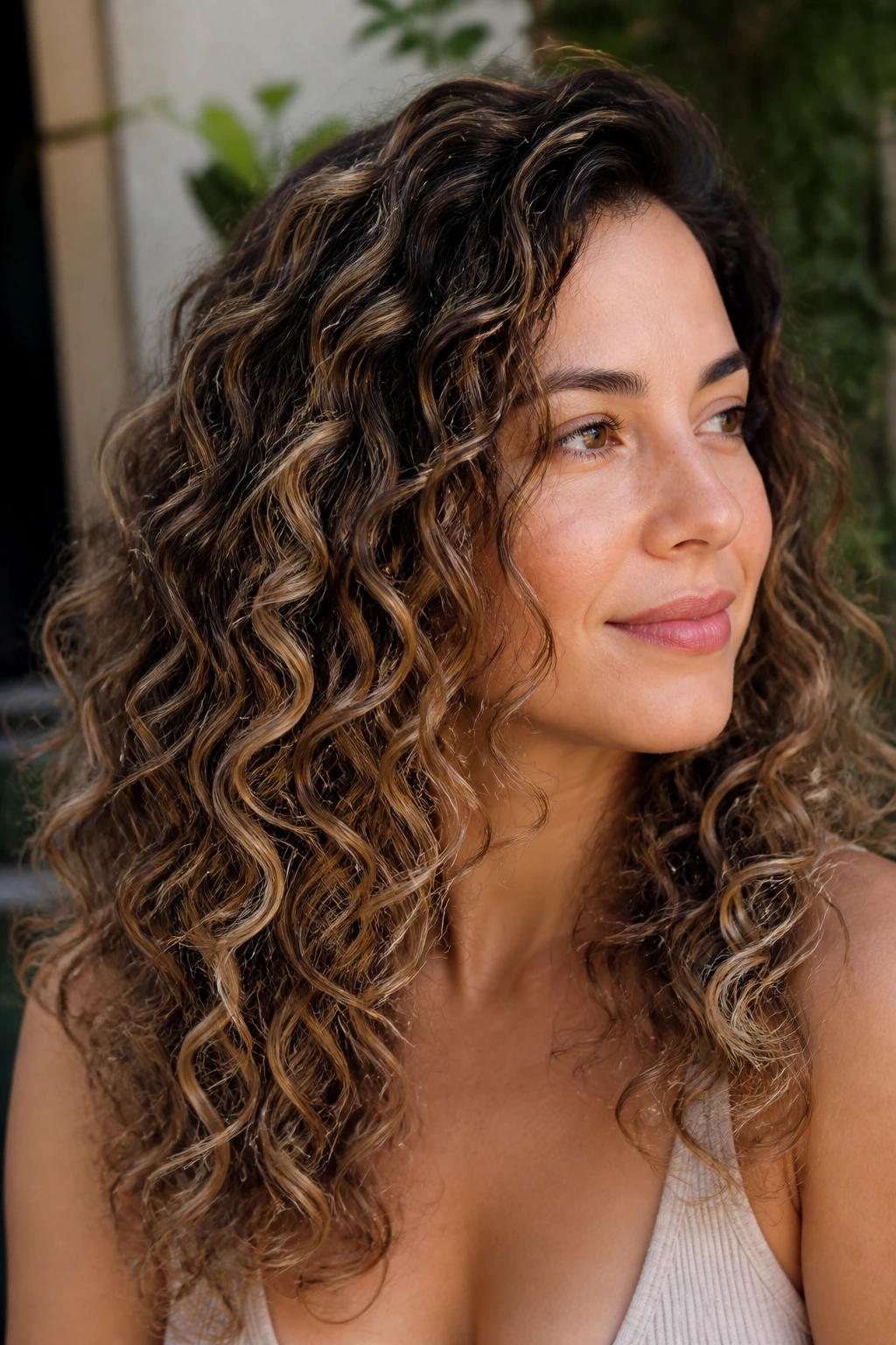 Close-up of a real person with defined curls and cool brown balayage inside curls