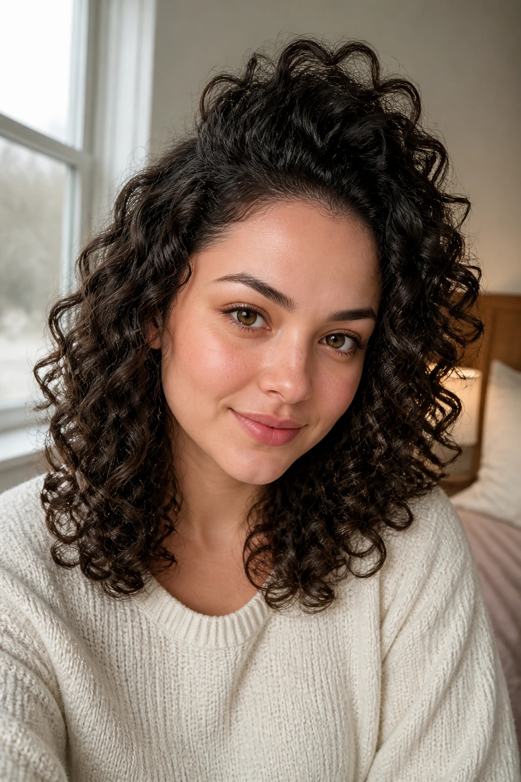 Portrait of a real woman with defined curls and crown volume on a round face, soft daylight