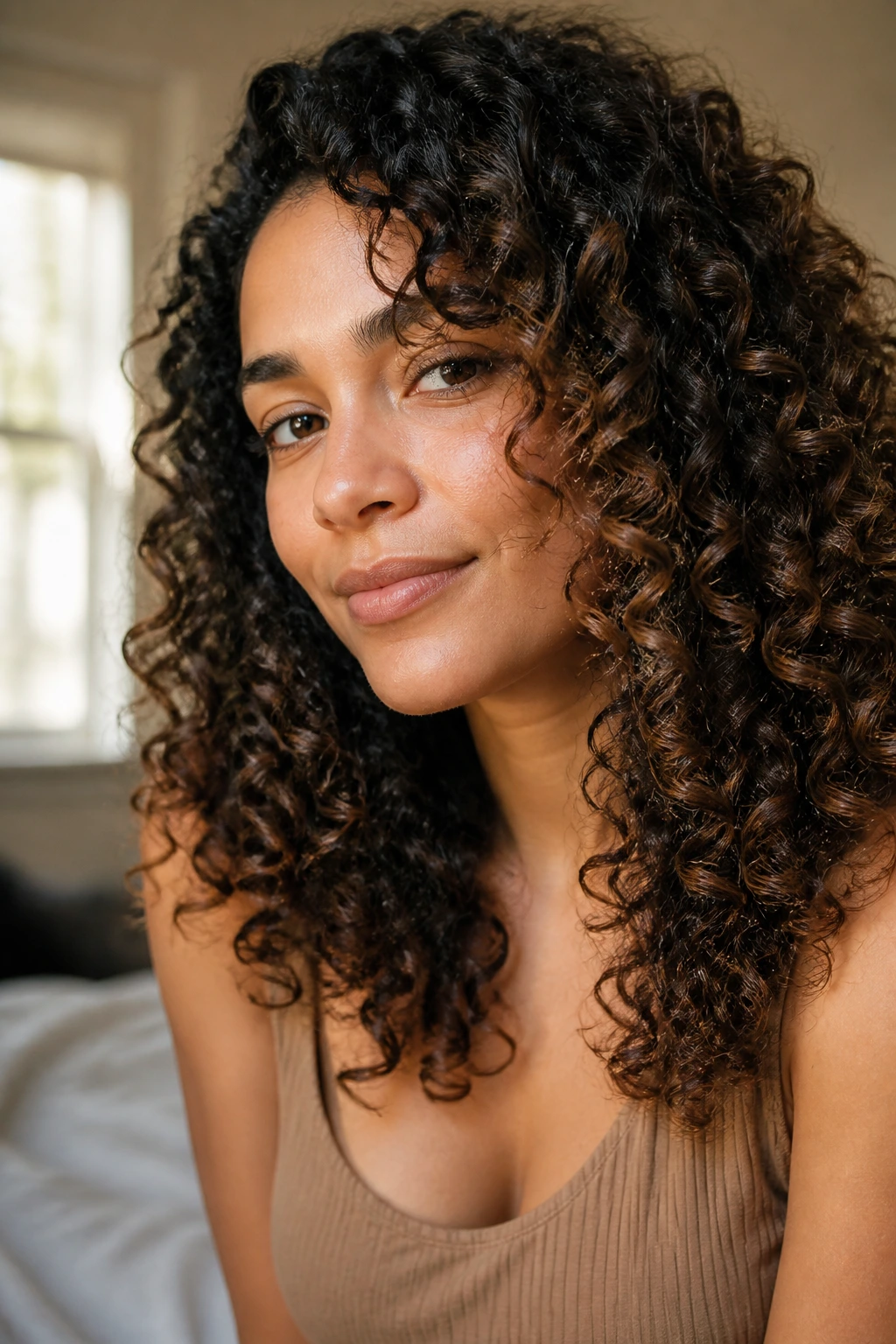 Close-up of a real woman with defined natural curls under warm window light