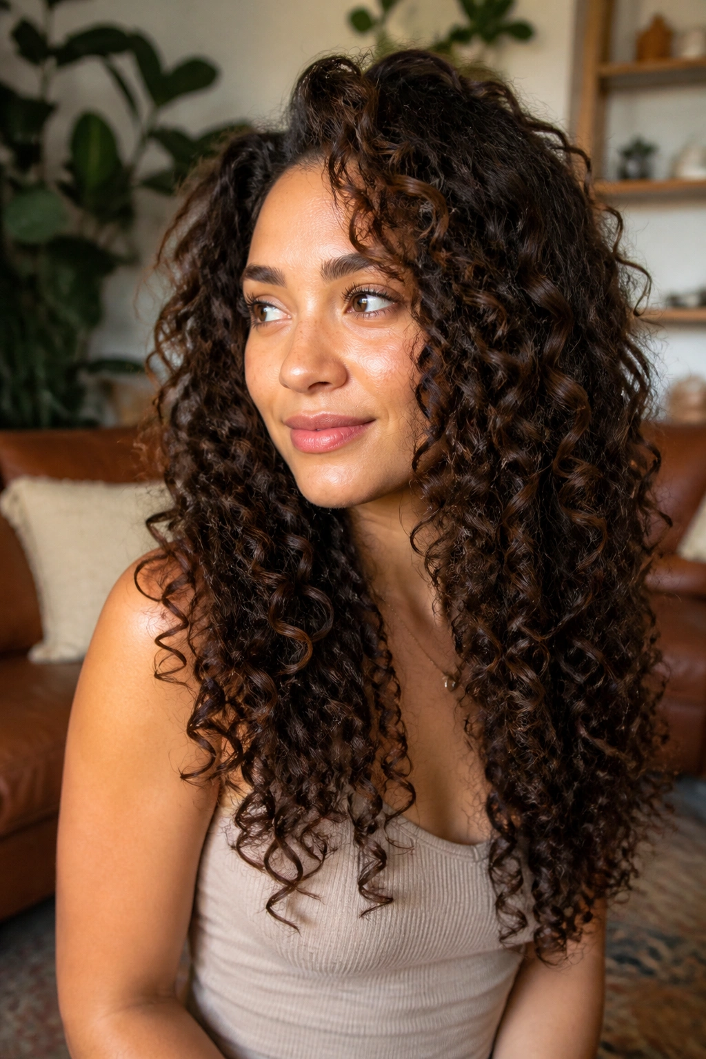 Close-up of a real woman's defined curls with layered shape