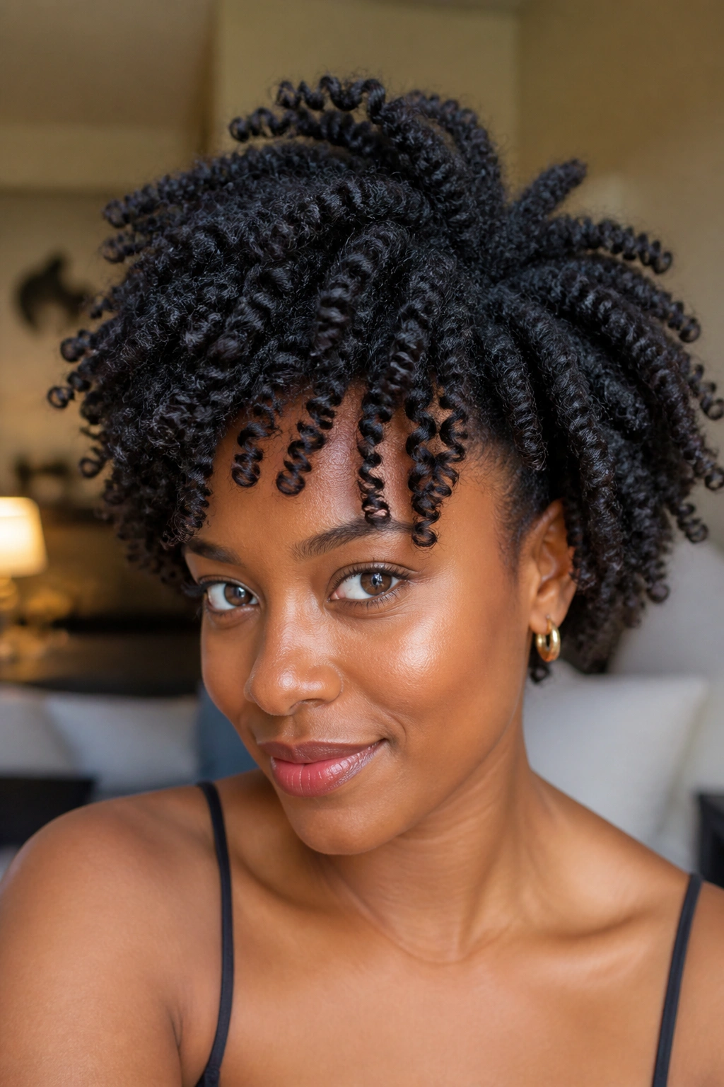 Close-up portrait of a real woman with a defined twist-out