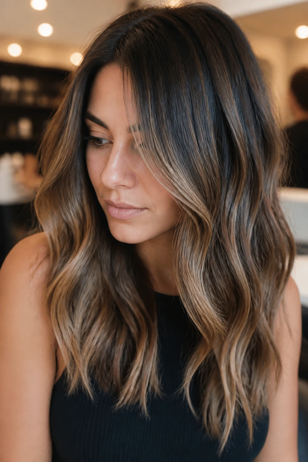 Brunette with chocolate lowlights over faded balayage in a close-up portrait