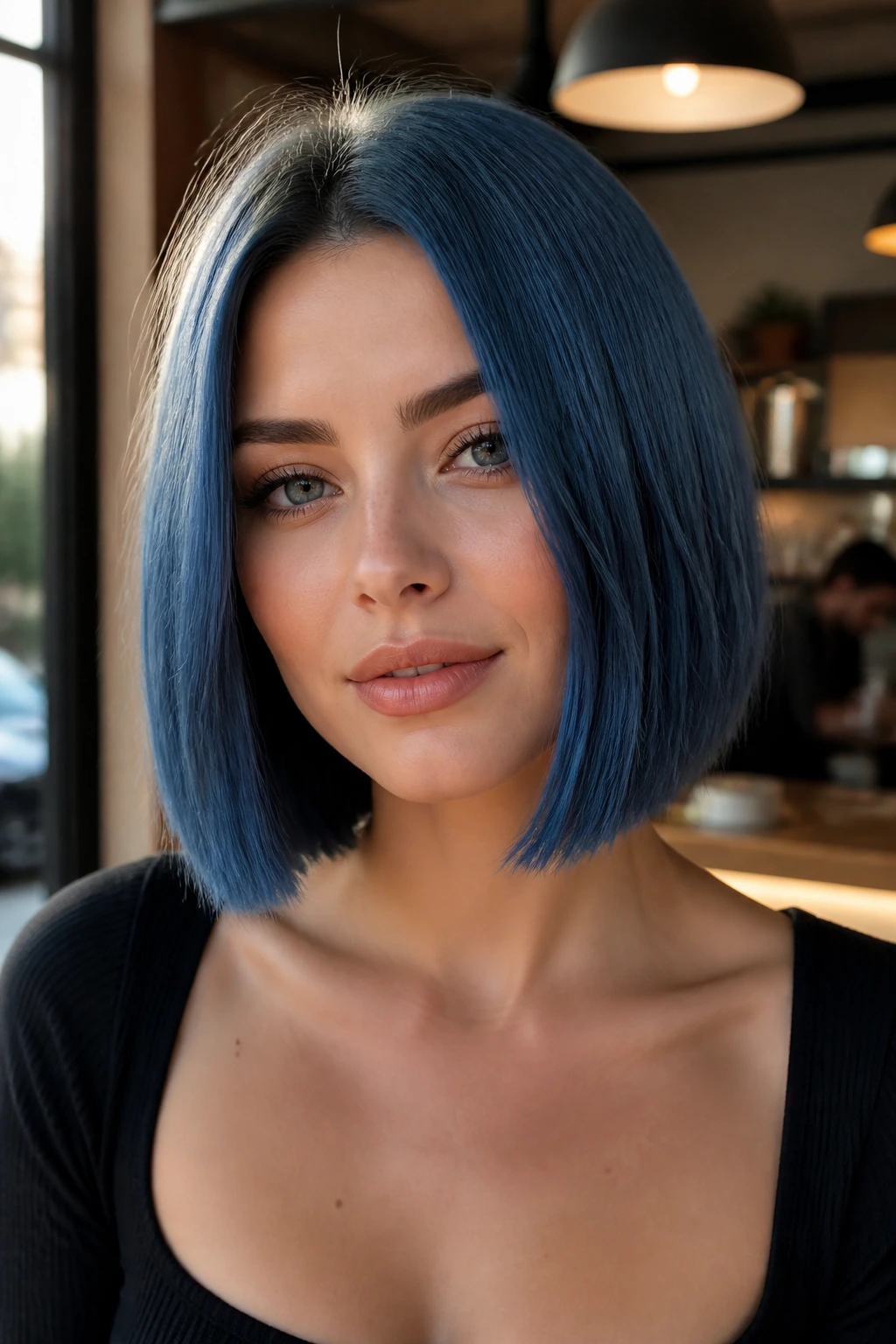 Portrait of a woman with a blunt denim blue bob just under the jaw.
