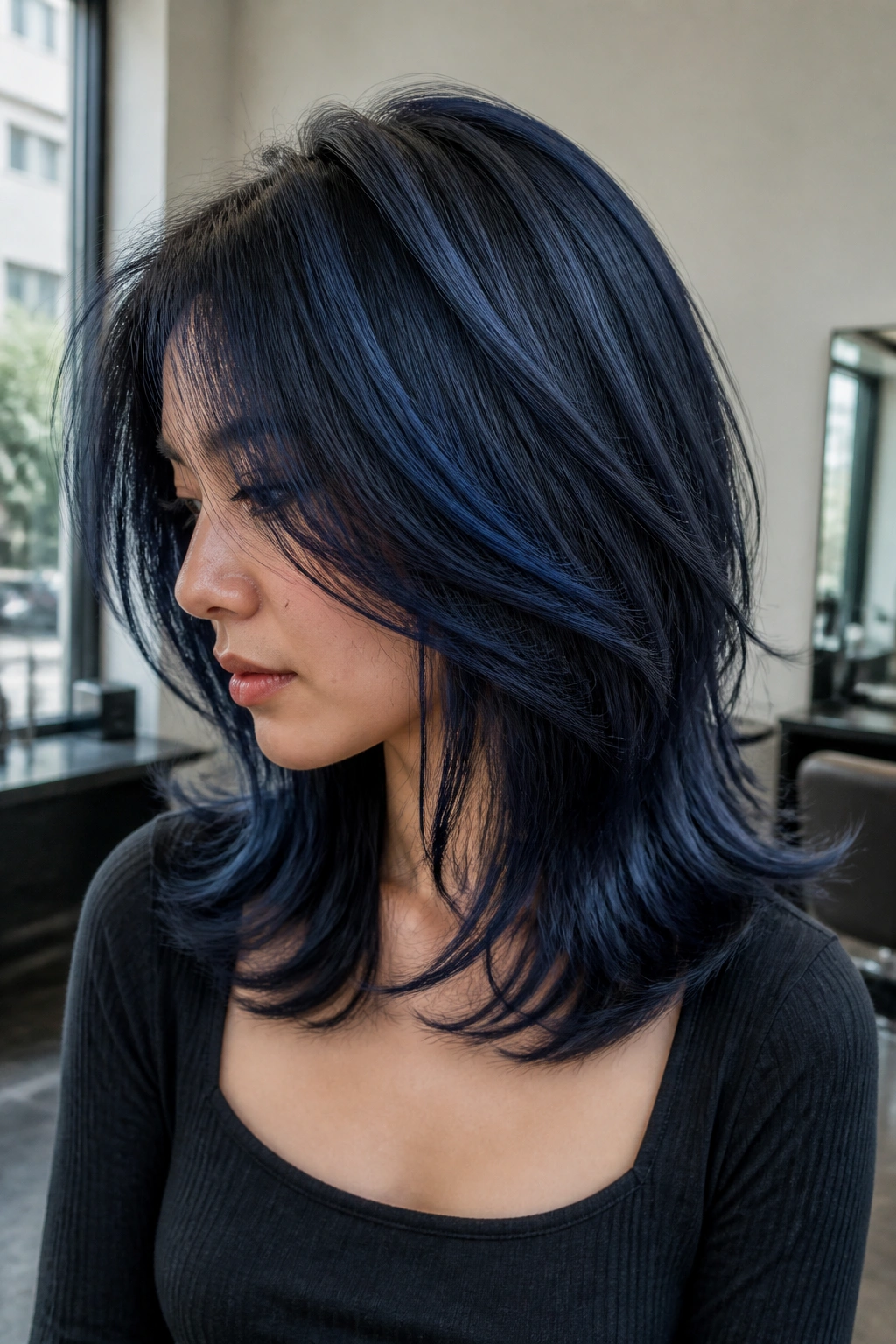 Medium close-up of a real person with denim blue layered hair in a modern salon