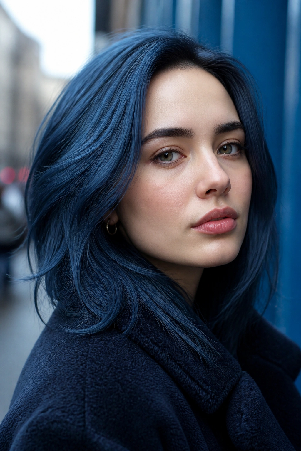 Close-up portrait of a real woman with denim blue hair under daylight street light