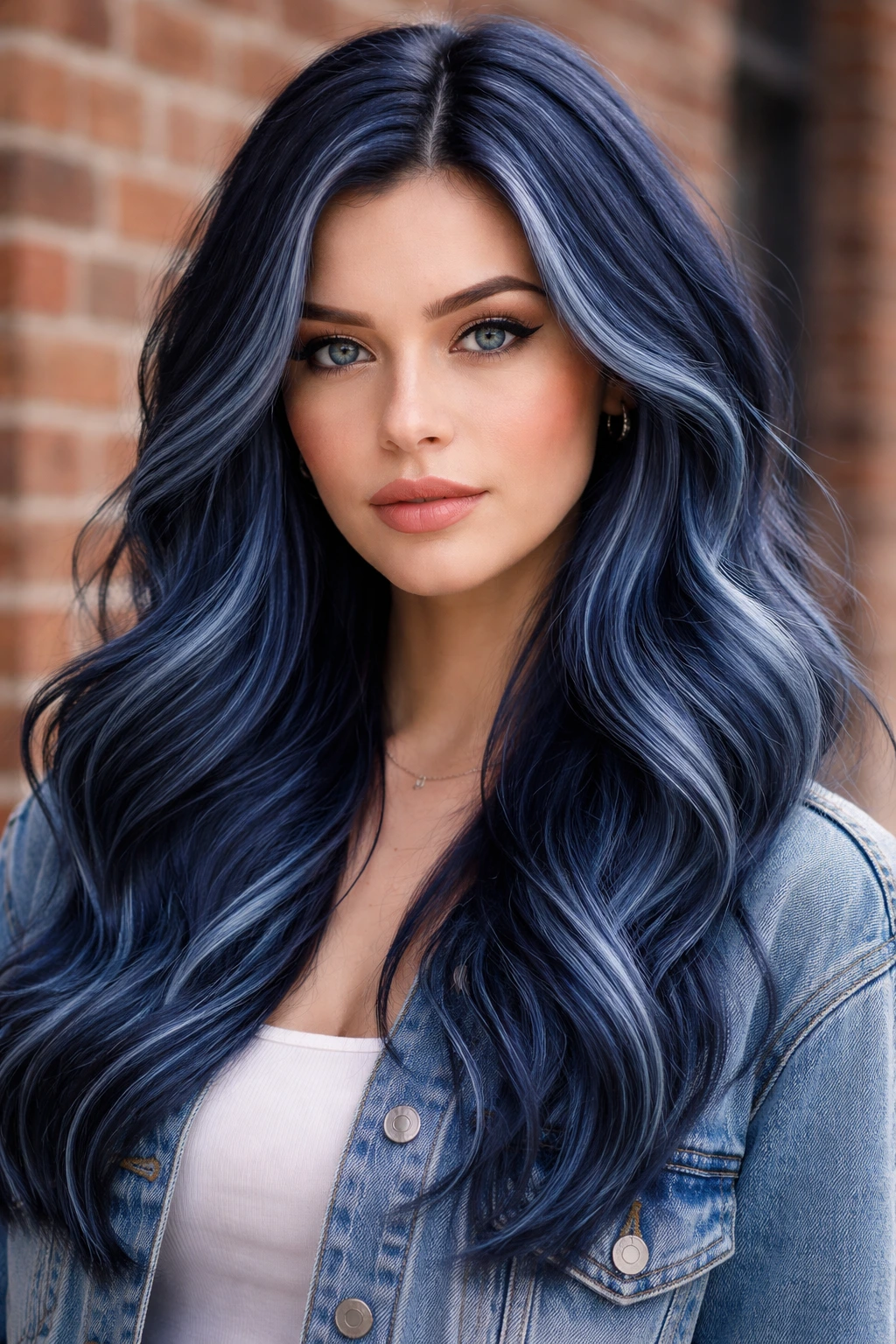 Portrait of a person with denim blue hair against a brick wall.