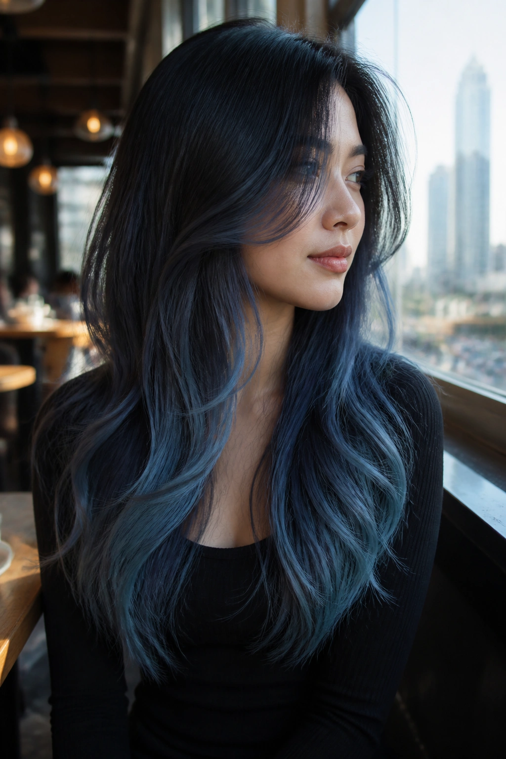 Close-up portrait of a real woman with layered hair in smoky-black to denim blue