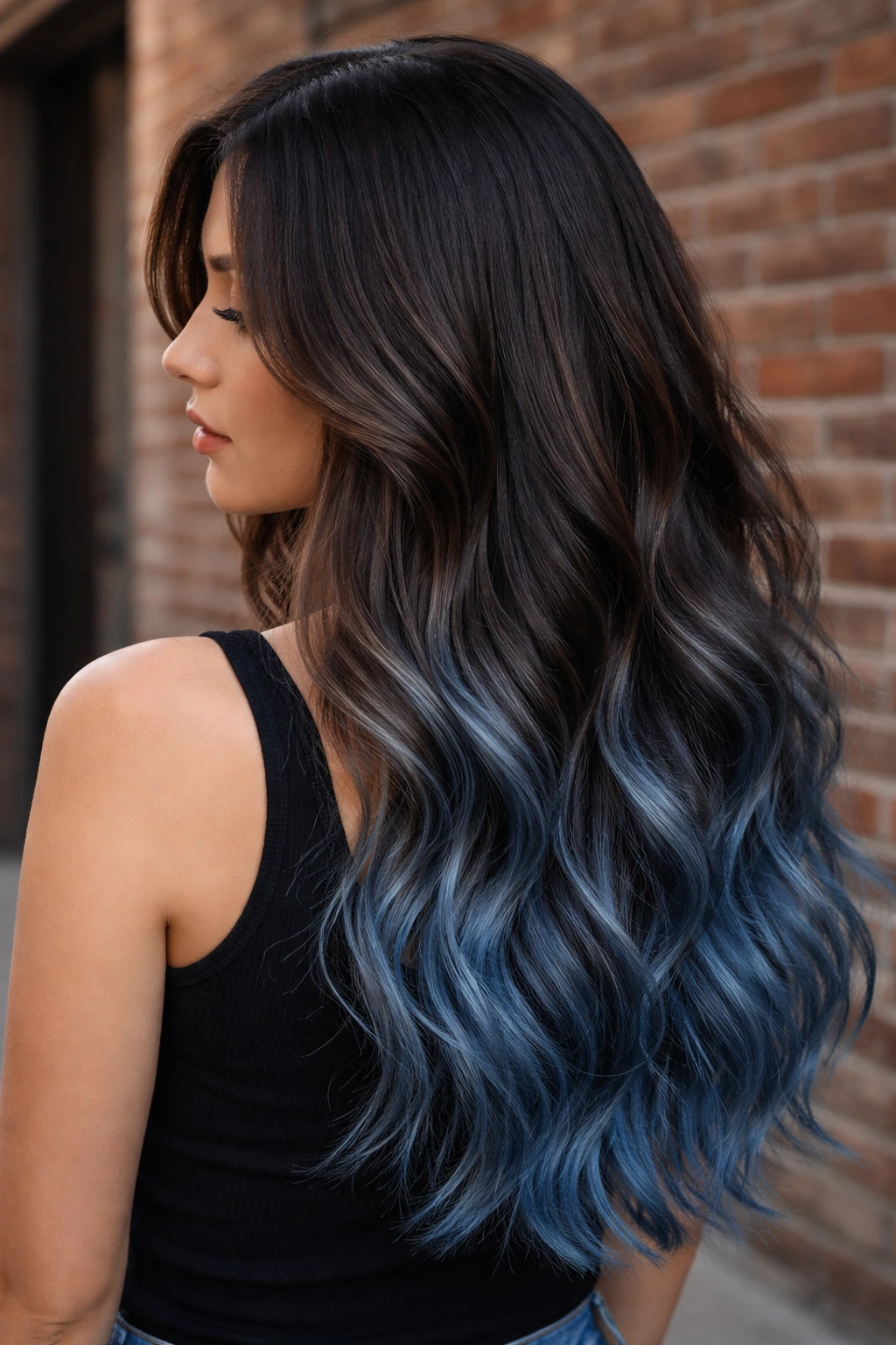 Close-up of a real person with denim blue ombre ends on brown hair