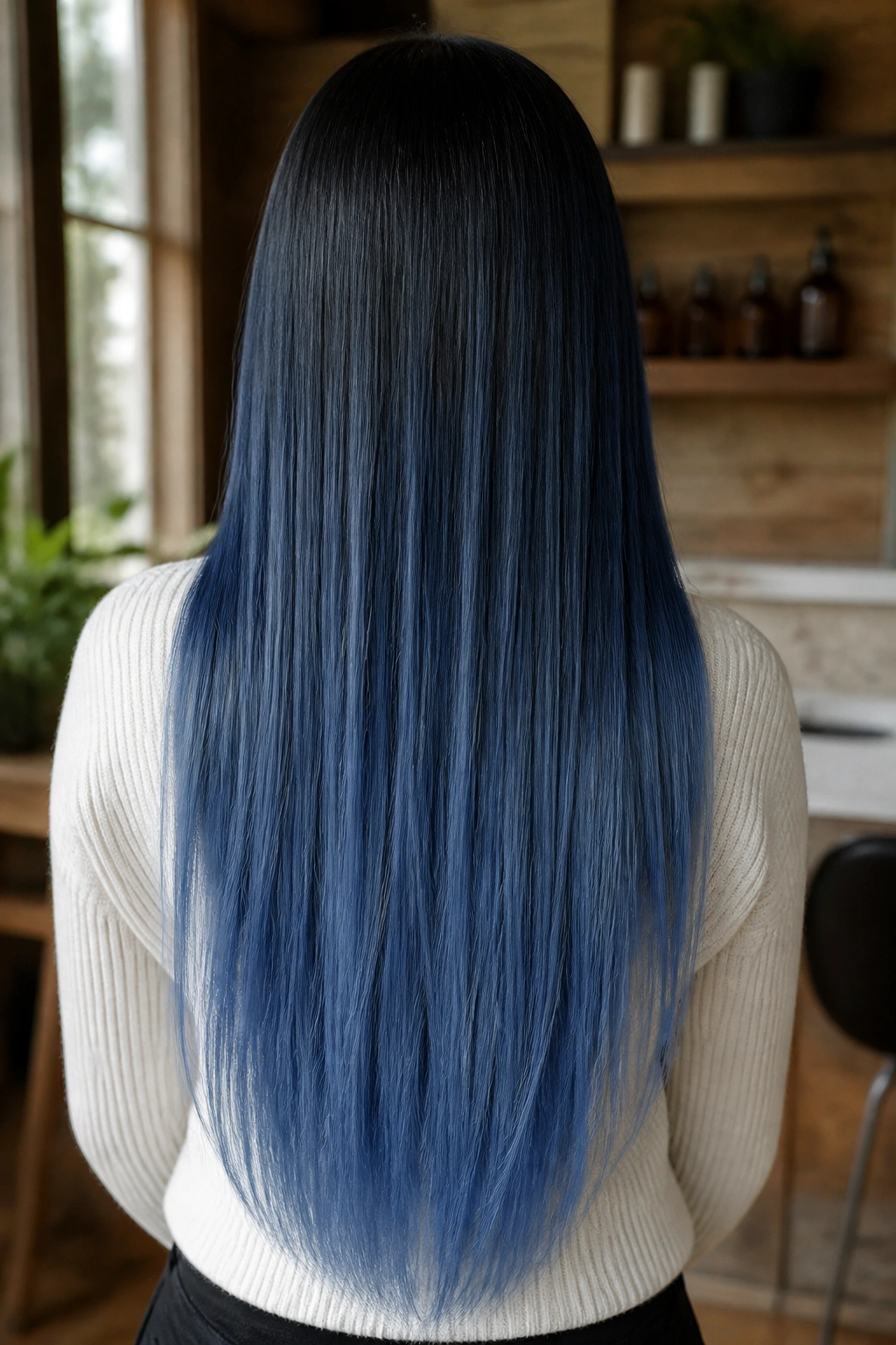 Back-view close-up of denim blue ombre on straight long hair.