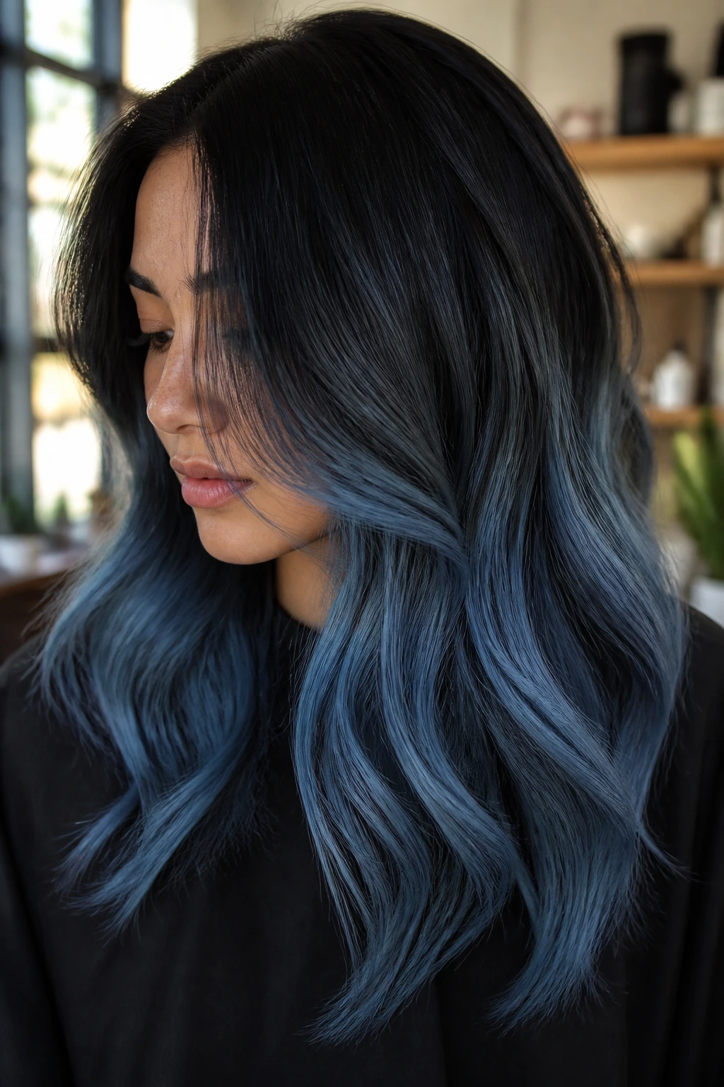 Close-up portrait of a woman with denim blue ombre hair and a soft bend in natural light