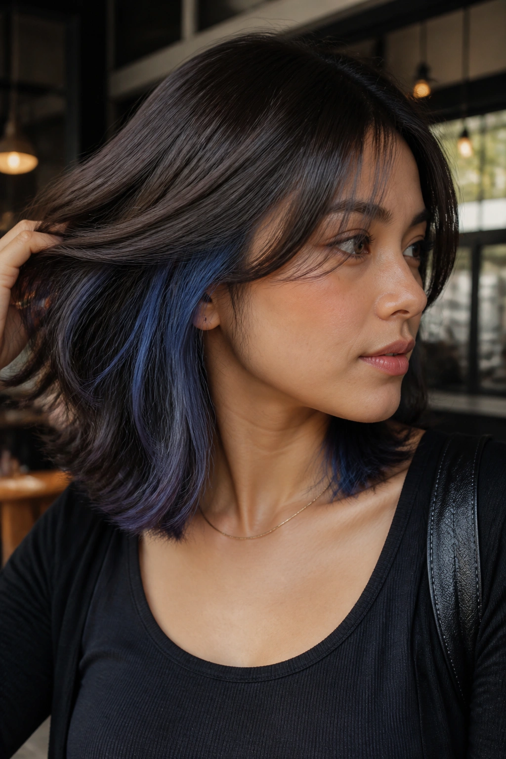 Portrait of a real woman with denim blue peekaboo pieces under the top layer