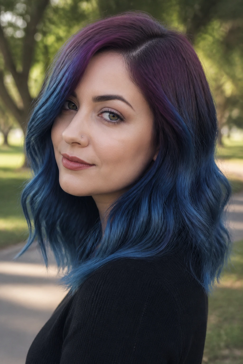 Portrait of a real person with denim blue hair and plum root melt.