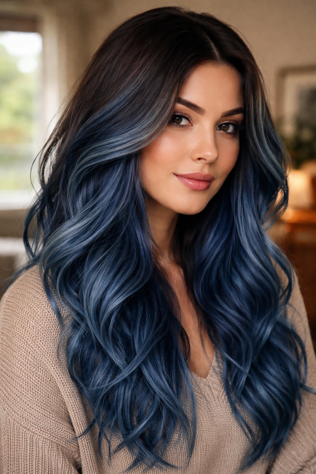 Close-up of a person with a denim blue shadow root transition